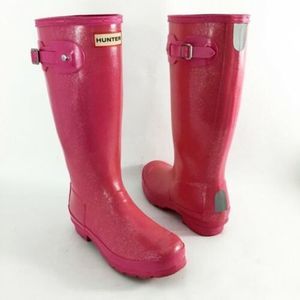Hunter Original Glitter Fin Rain Boots Tall Pink Sparkle Big Kids Youth Girls 5